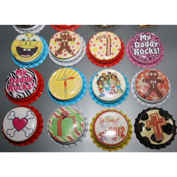 Lot Of 20 Refrigerator Magnets Bottle Caps Colorful Variety Handmade New - Picture 5 of 5